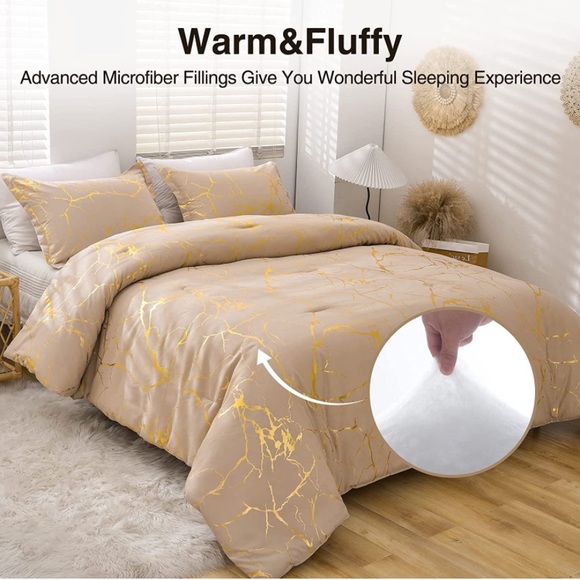 Queen Taupe Marble Comforter Set, Gold Metallic Foil Printed - Picture 6 of 7